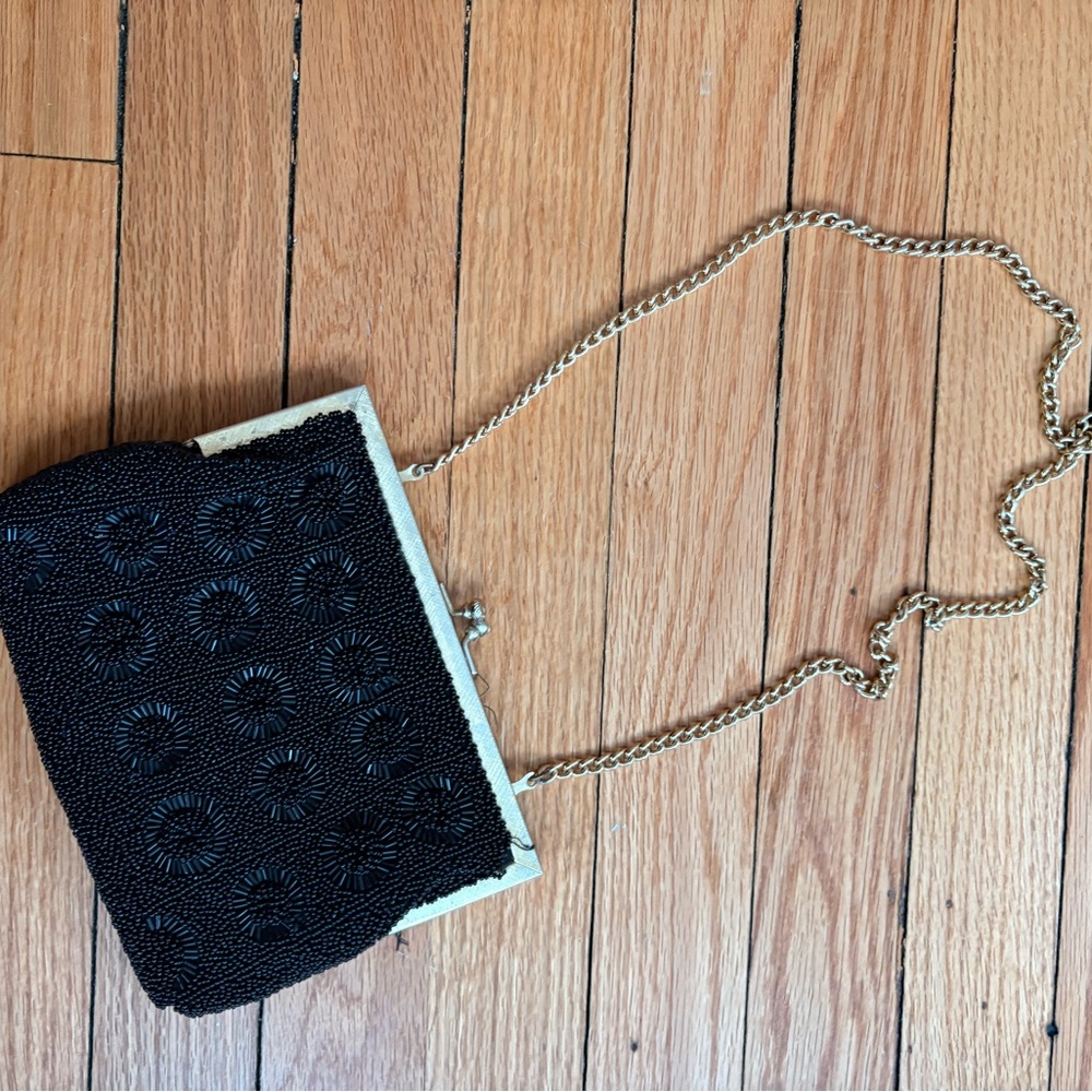 Vintage Black Beaded Evening Clutch and Shoulder Purse - Picture 3 of 6